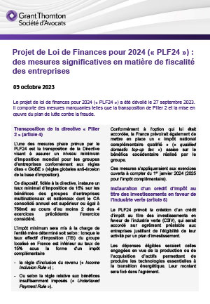 Projet de Loi de Finances pour 2024 (« PLF24 ») : des mesures significatives en matière de fiscalité des entreprises