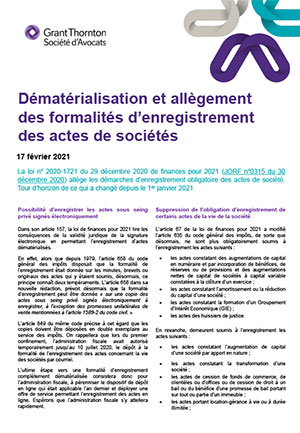 Dématérialisation des formalités d’enregistrement des actes de sociétés