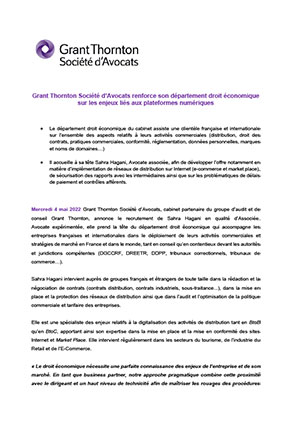 Grant Thornton Société d’Avocats renforce son département droit économique