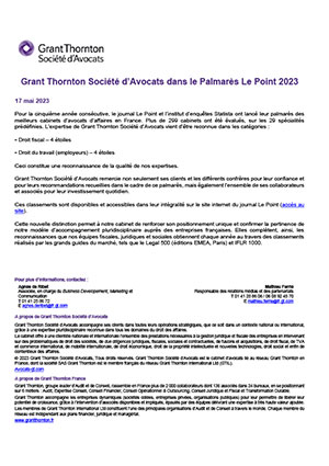 Grant Thornton Société d’Avocats dans le Palmarès Le Point 2023